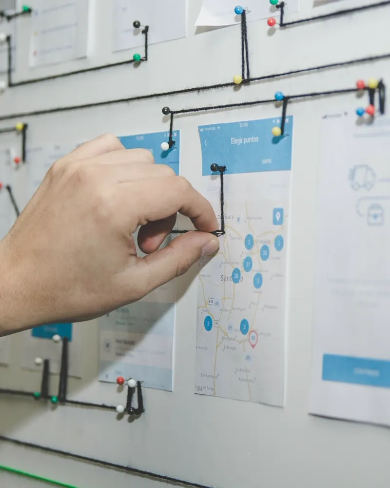Wireframes and flows mapped on a wall